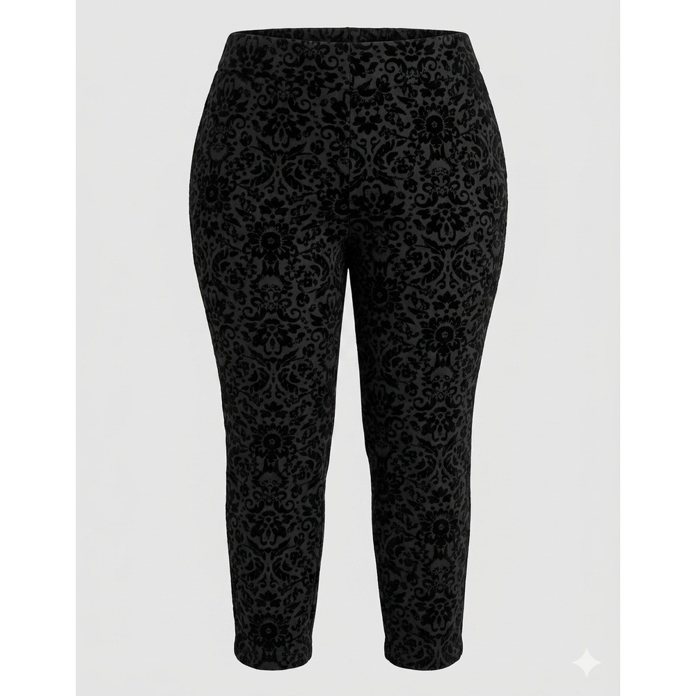 Vintage Black Flocked Damask Velvet Slim Ankle Pants 16 Gothic Witchy Holiday